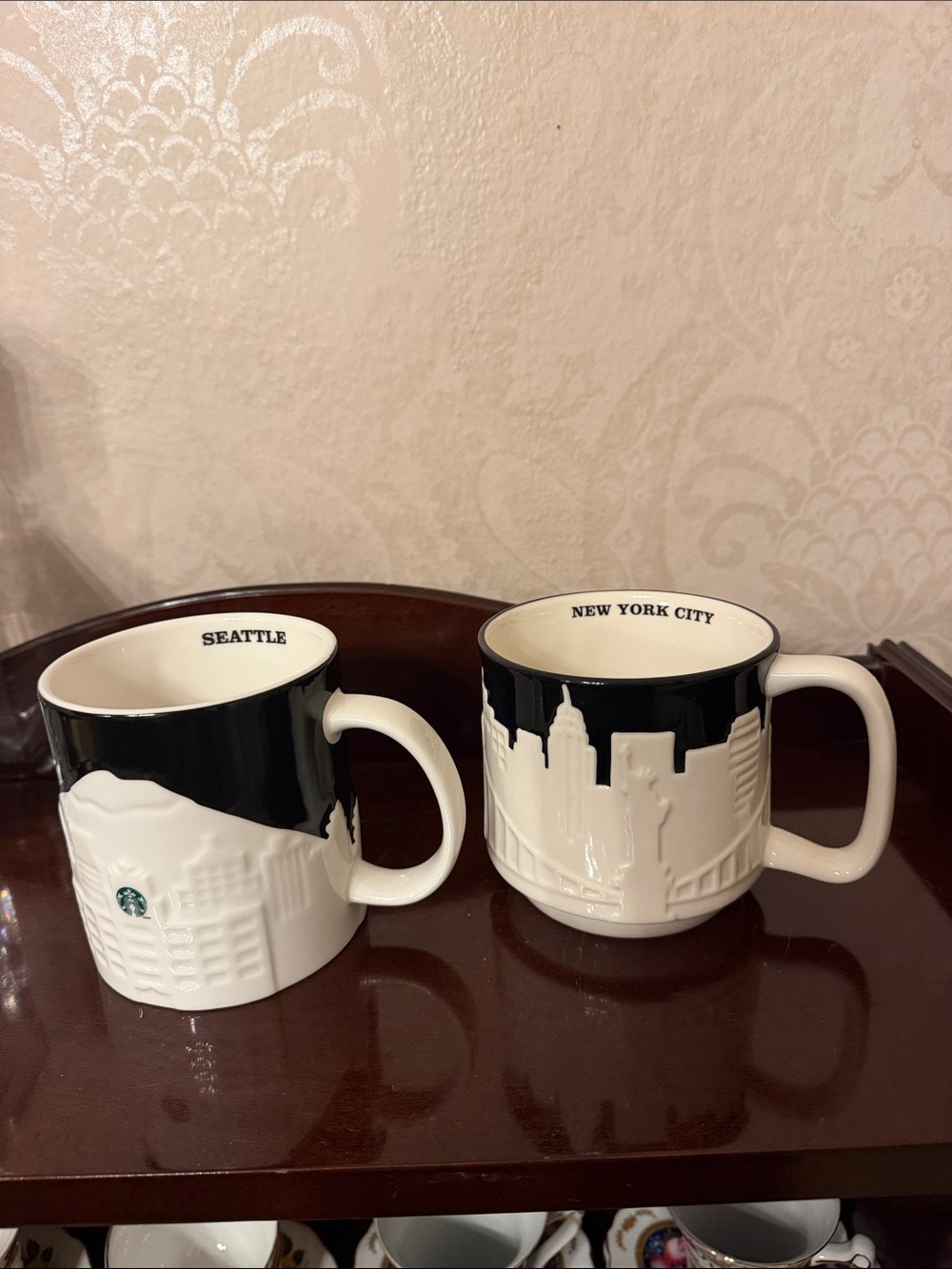 Starbucks Black and White City Relief Ceramic Mug Set (Seattle & New York City)